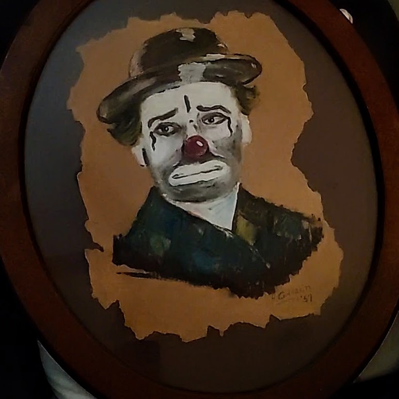 My First Painting 1957 — a clown portrait painted at age 18